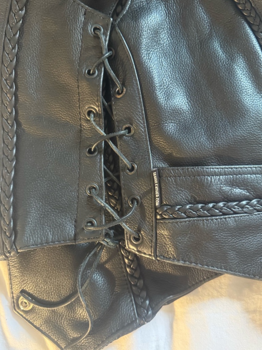 Black Leather Braided Lace-Up Vest - - Picture 2 of 6